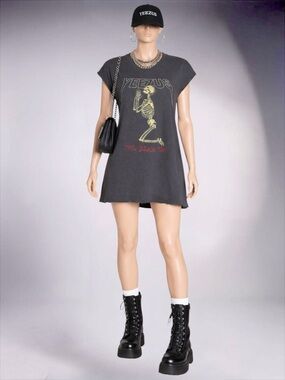 YEEZUS Graphic Skeleton Tee Dress in Charcoal